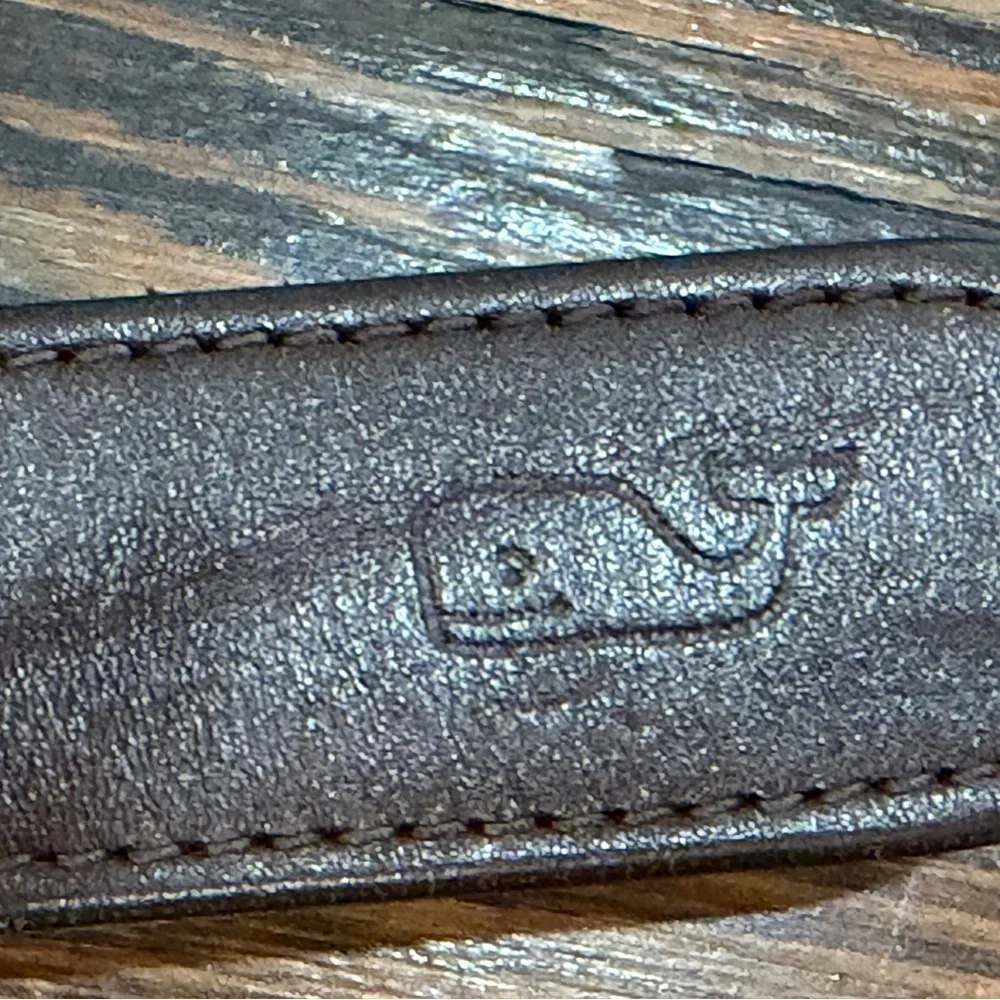 Vineyard Vines Canvas Club Belt Brown Leather Embossed Whale Pink Whale Sz 32